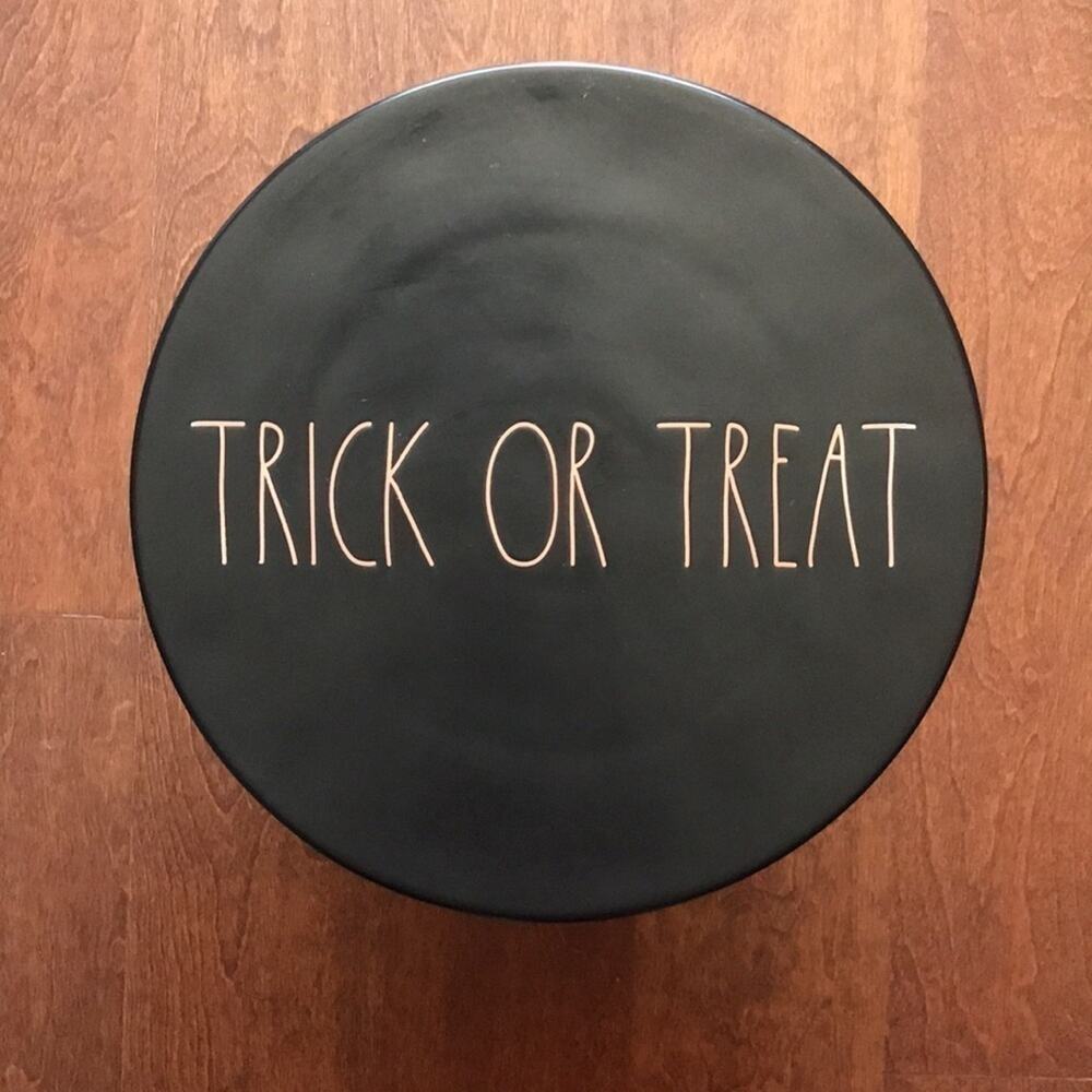 Rae Dunn Black Ceramic “Trick or Treat” Halloween Cake Stand, 12” Wide Height 7”